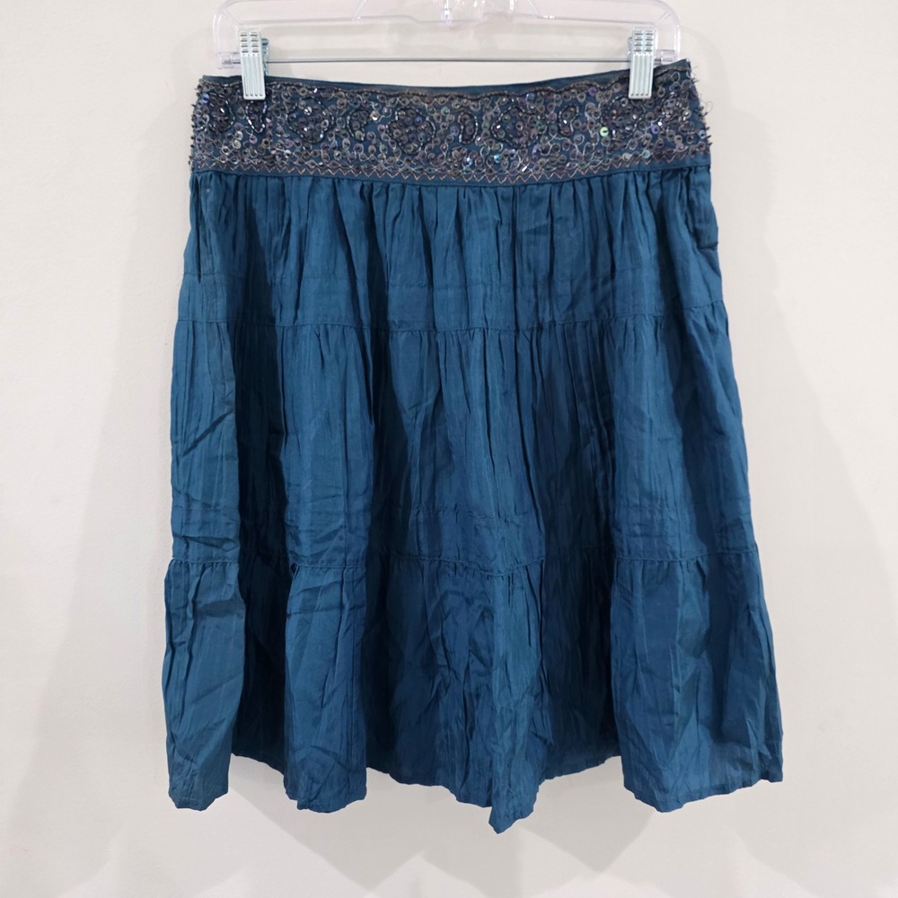 Y2k Bcbg Maxazria Womens Silk Beaded Skirt Size XS Blue Sequin Tiered Boho Mini